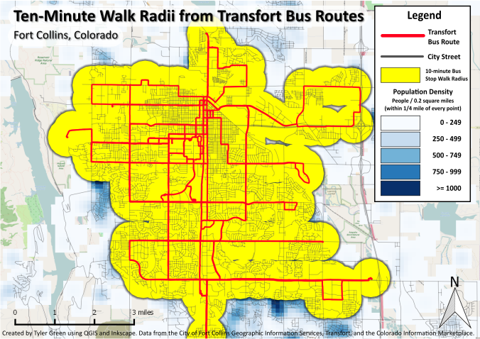 Ten-Minute Walk Radii from Tranfort Bus Stops