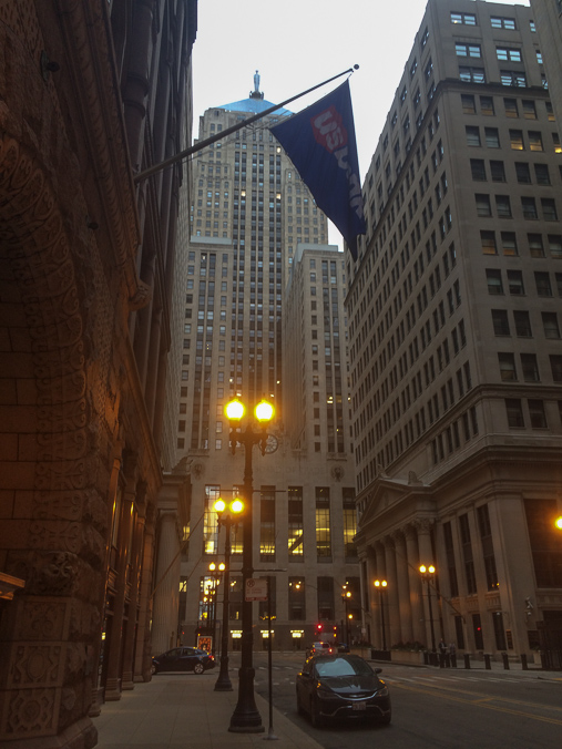 I always enjoy looking at the Chicago Board of Trade building and how it cuts off La Salle Street. The Rookery is in the foreground on the left.