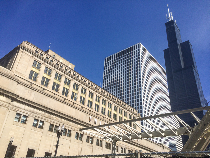 Walking up to Union Station with the Willis Tower looming.