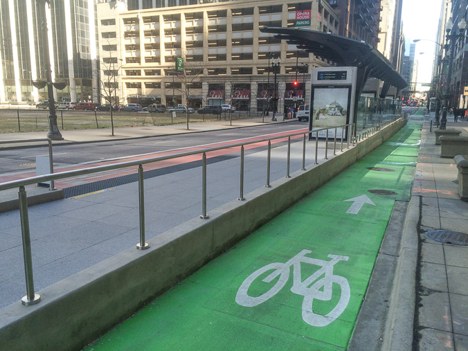 The new protected bike lane and Loop Link station on Washington Street!