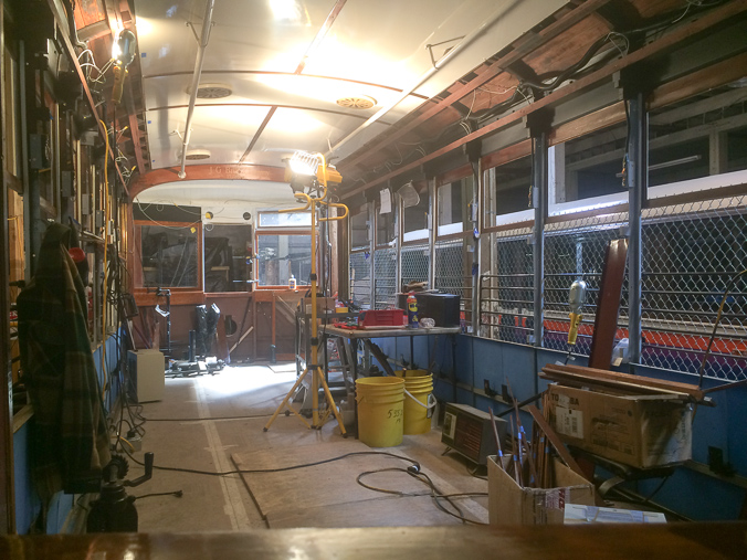 The interior of Car 25 during restoration in the Fort Collins Municipal Railway trolley barn.