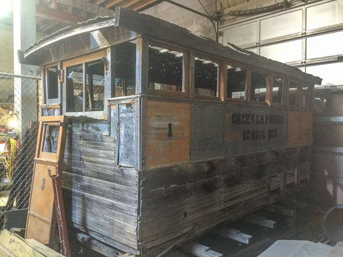 A historical omnibus (horse-drawn bus) in the Fort Collins Municipal Railway trolley barn! There is some doubt as two whether this was actually a school bus, but the side reads "Cache la Poudre School Bus."