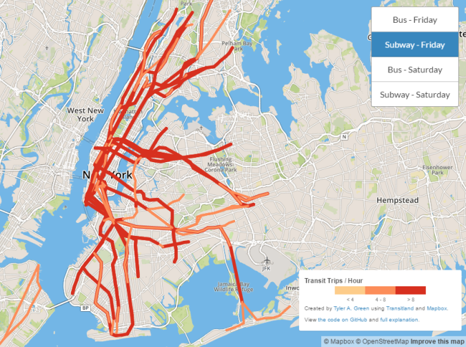 The frequency data for subway routes on a Friday morning for New York City transit. The darker the color, the higher the frequency!