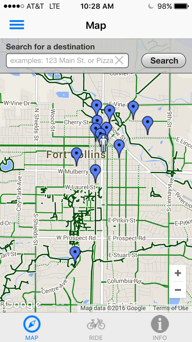 Map of bike share stations in north Fort Collins.