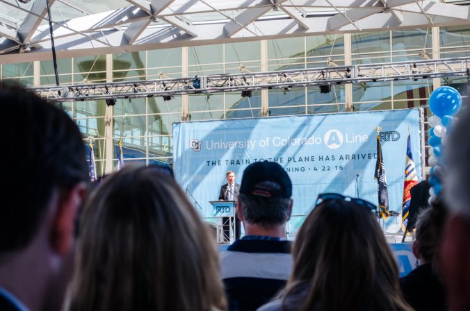 Colorado Governor John Hickenlooper speaks at the opening for the Regional Transportation District University of Colorado A Line at Denver International Airport on Friday, April 22, 2016. Did I do the AP caption style correctly? Anyway, I should have put the over/under on the number of speakers at 9.5. And taken the over. Except for the protesters up in arms over the $9 fare that began shouting midway through the ceremony, everything went as expected.