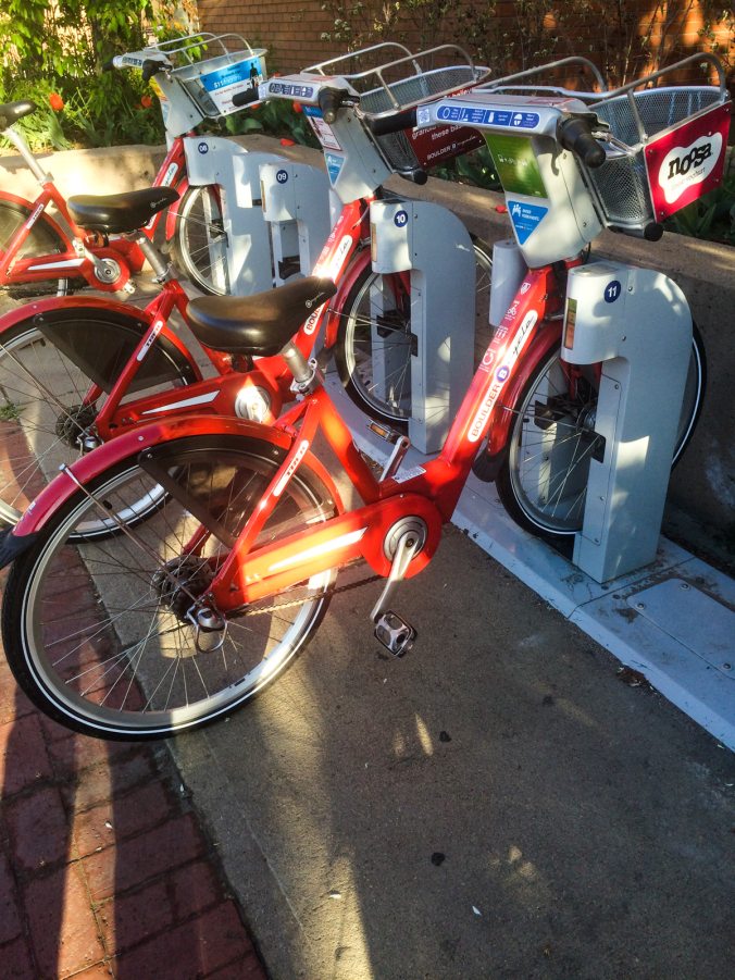 Boulder BCycle bike share bikes outside the Downtown Boulder Center. BCycle is the same provider as Denver's bike share, while Fort Collins recently opened with Zagster.