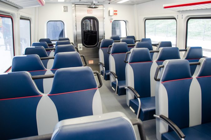 The inside of the commuter rail vehicle was immaculate! It had that new train smell. I was taken aback by the imbalanced seating and had to make sure we hadn't accidentally boarded a plane. The vehicles have a top speed of 79 MPH.