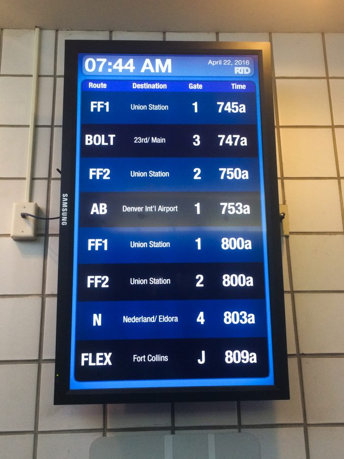 The bus arrival board in Downtown Boulder Station was quite comprehensive, and similar to the one's found in Union Station.