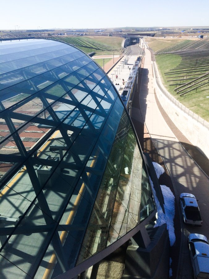 Our first look of 'Denver Airport' station on the new RTD A line! This was taken from the overlook just below the lobby of the new Westin at DIA.