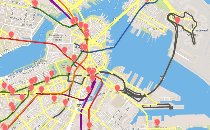 I never get tired of staring at these colored lines until the markers all jump to their next position! The yellow is the official color specified for the bus routes in the MBTA GTFS static feed. Anyone know the reason for this? It also look like the Silver Line goes a bit crazy right after exiting the Ted Williams Tunnel.